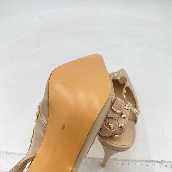 FSJ Nude Dazzling High Heels Sandals Ankle Buckle Rivet Studded T-Strap Shoes - Picture 5 of 7